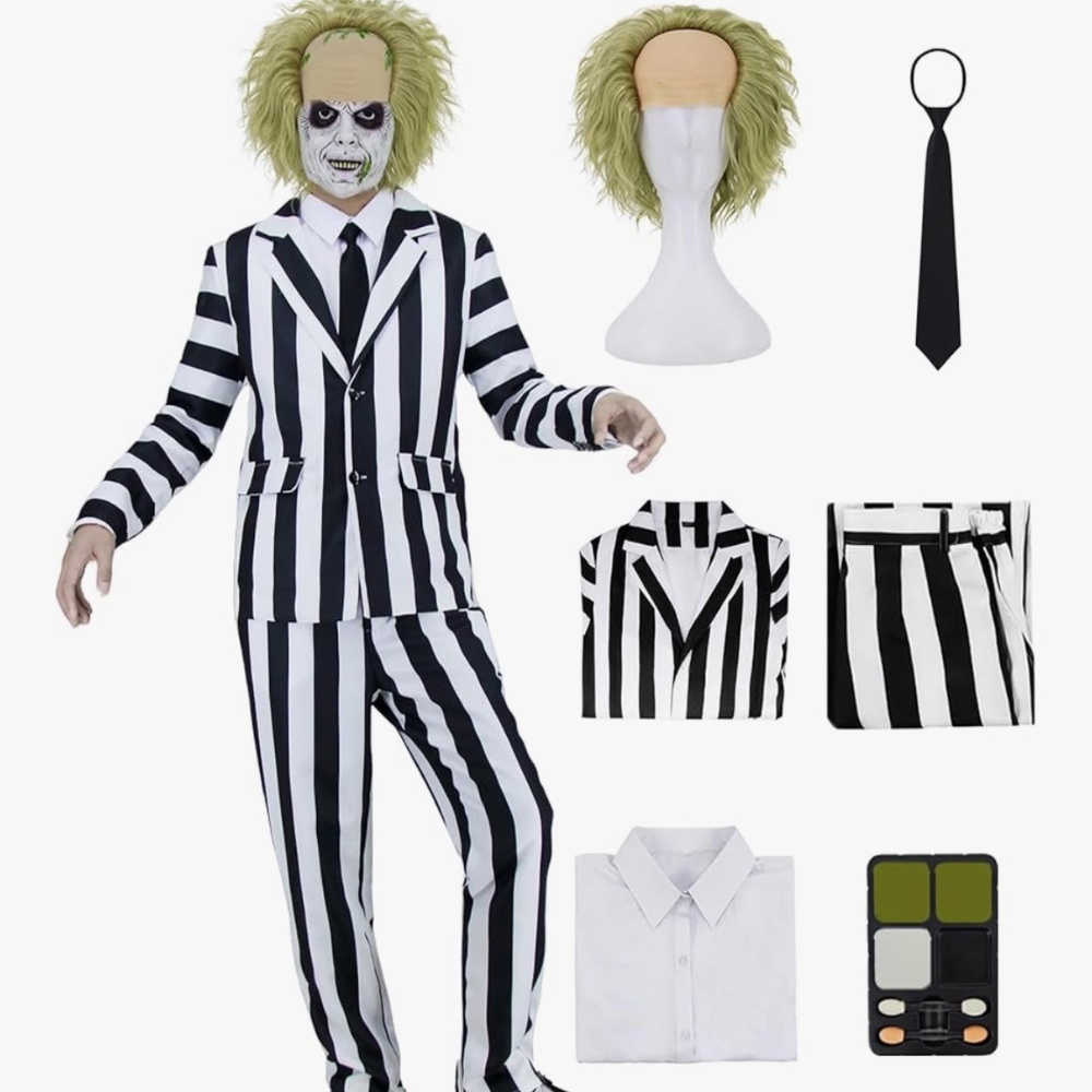 Adult Scary Halloween Costumes Black and White Striped Suit Wig Makeup Sz S